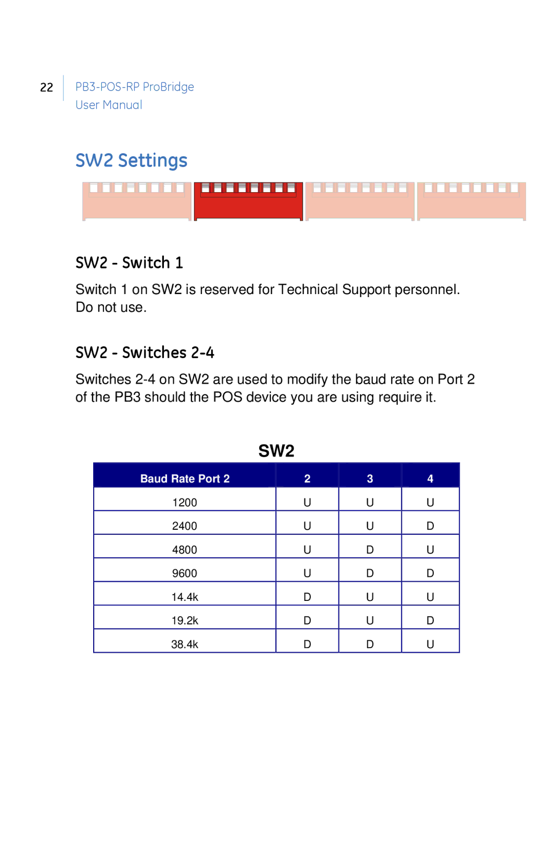 GE PB3-POS-RP user manual SW2 Settings, SW2 Switches 