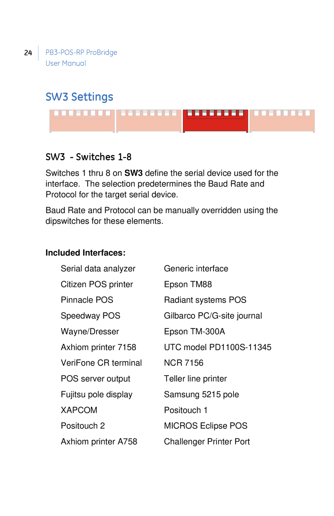 GE PB3-POS-RP user manual SW3 Settings, SW3 Switches, Included Interfaces 