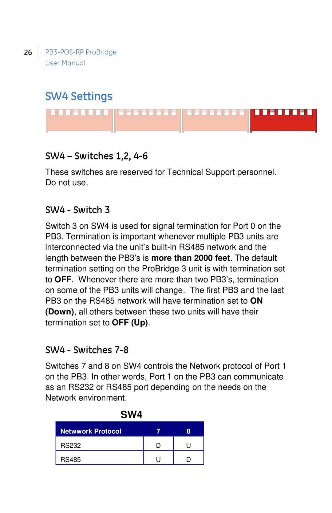 GE PB3-POS-RP user manual SW4 Settings, SW4 Switches 1,2 