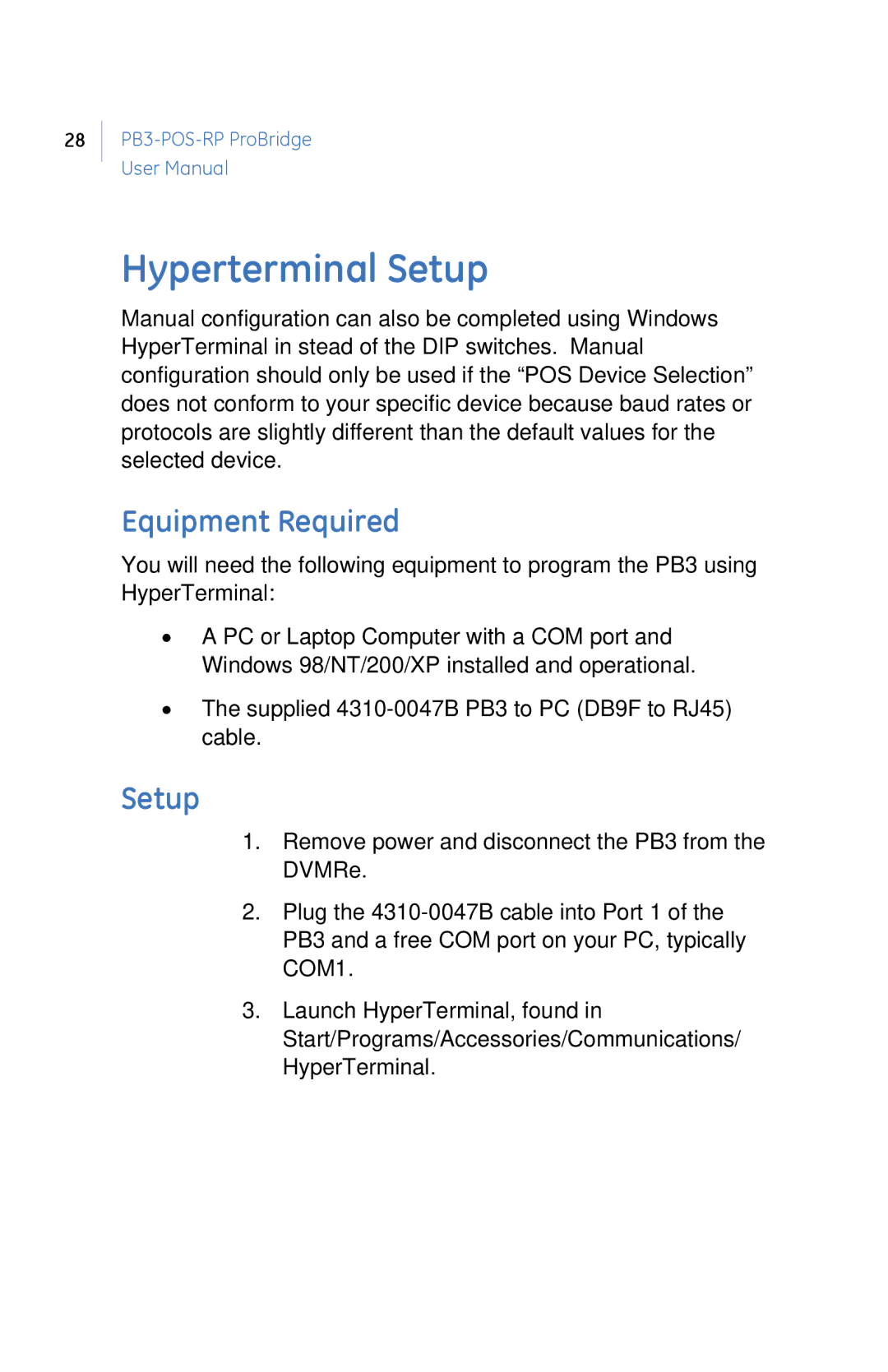 GE PB3-POS-RP user manual Hyperterminal Setup, Equipment Required 