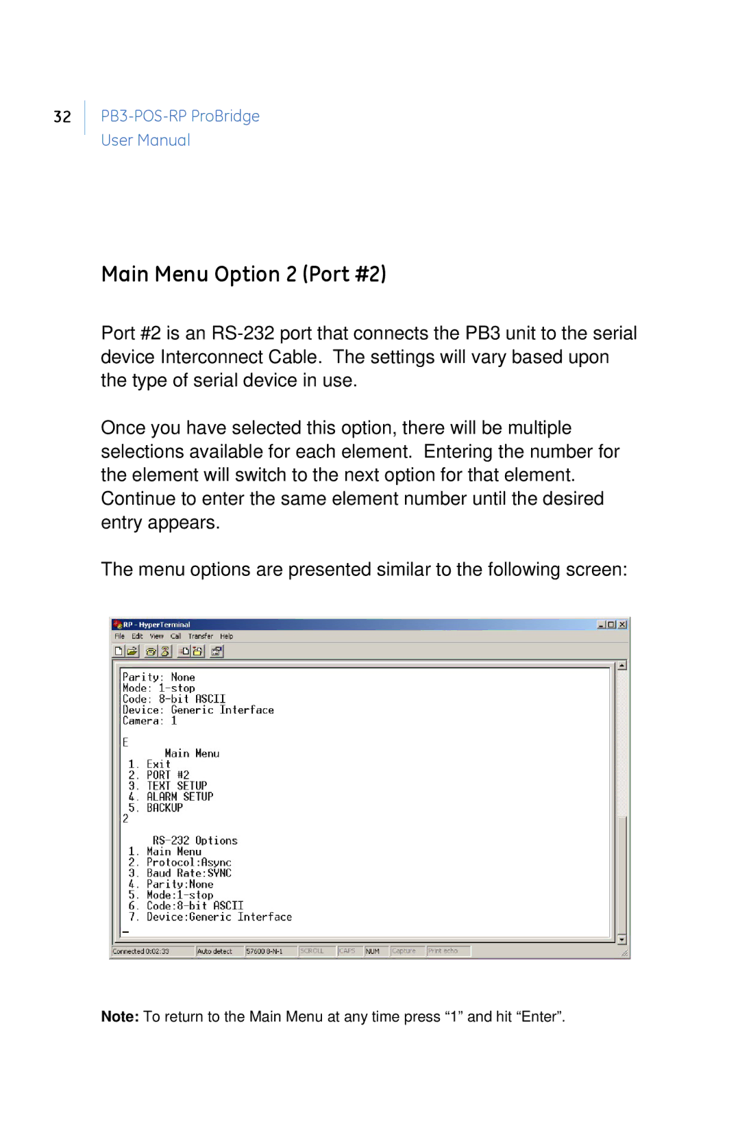 GE PB3-POS-RP user manual Main Menu Option 2 Port #2 