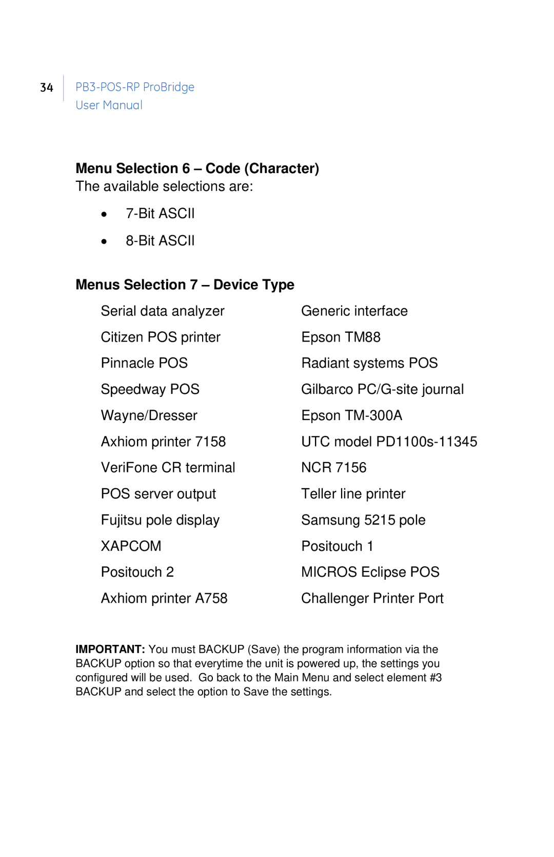 GE PB3-POS-RP user manual Menu Selection 6 Code Character, Menus Selection 7 Device Type 