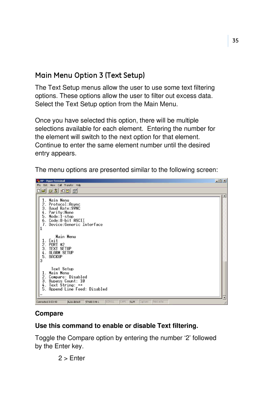 GE PB3-POS-RP user manual Main Menu Option 3 Text Setup, Compare Use this command to enable or disable Text filtering 