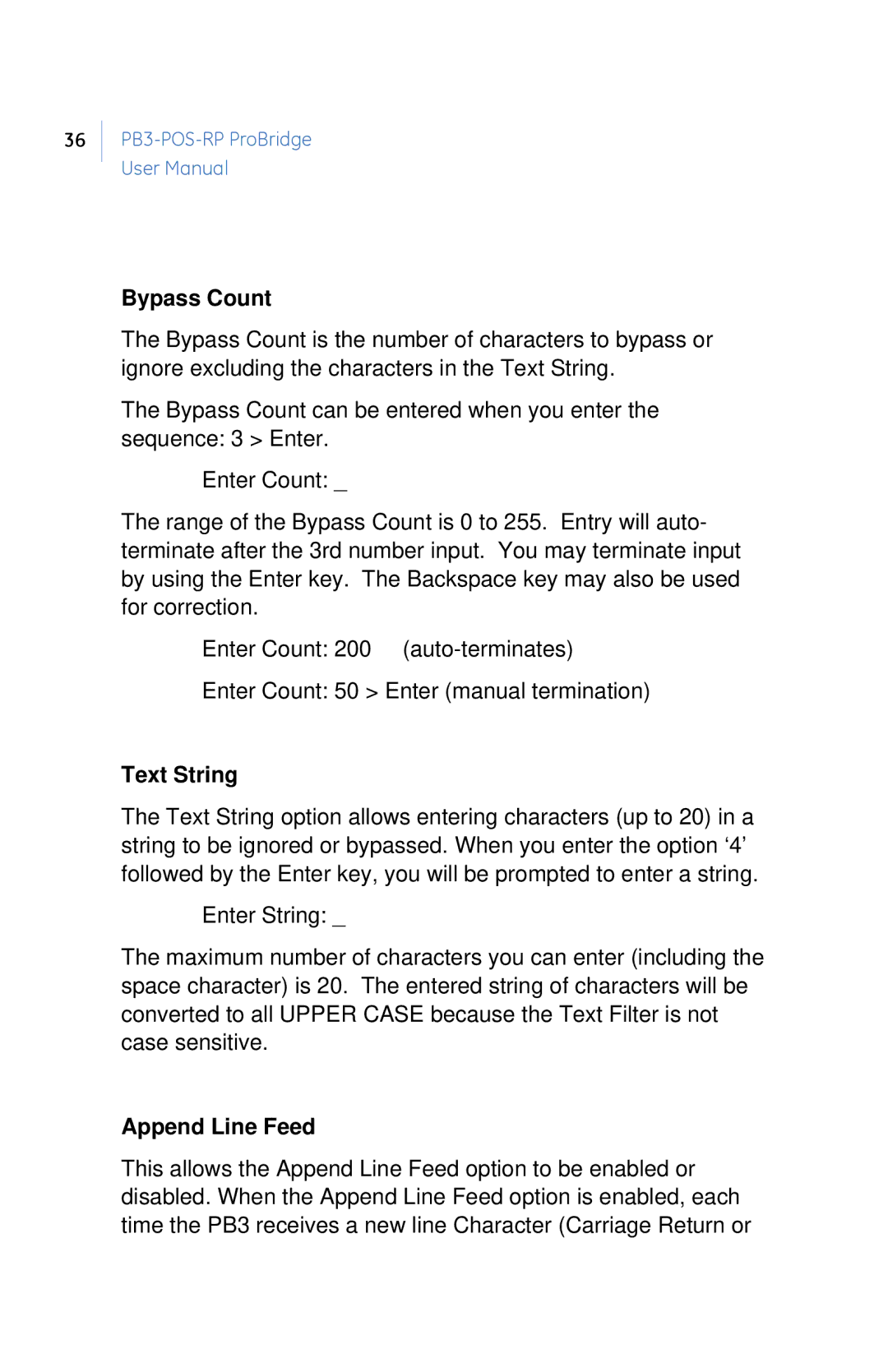GE PB3-POS-RP user manual Bypass Count, Text String, Append Line Feed 