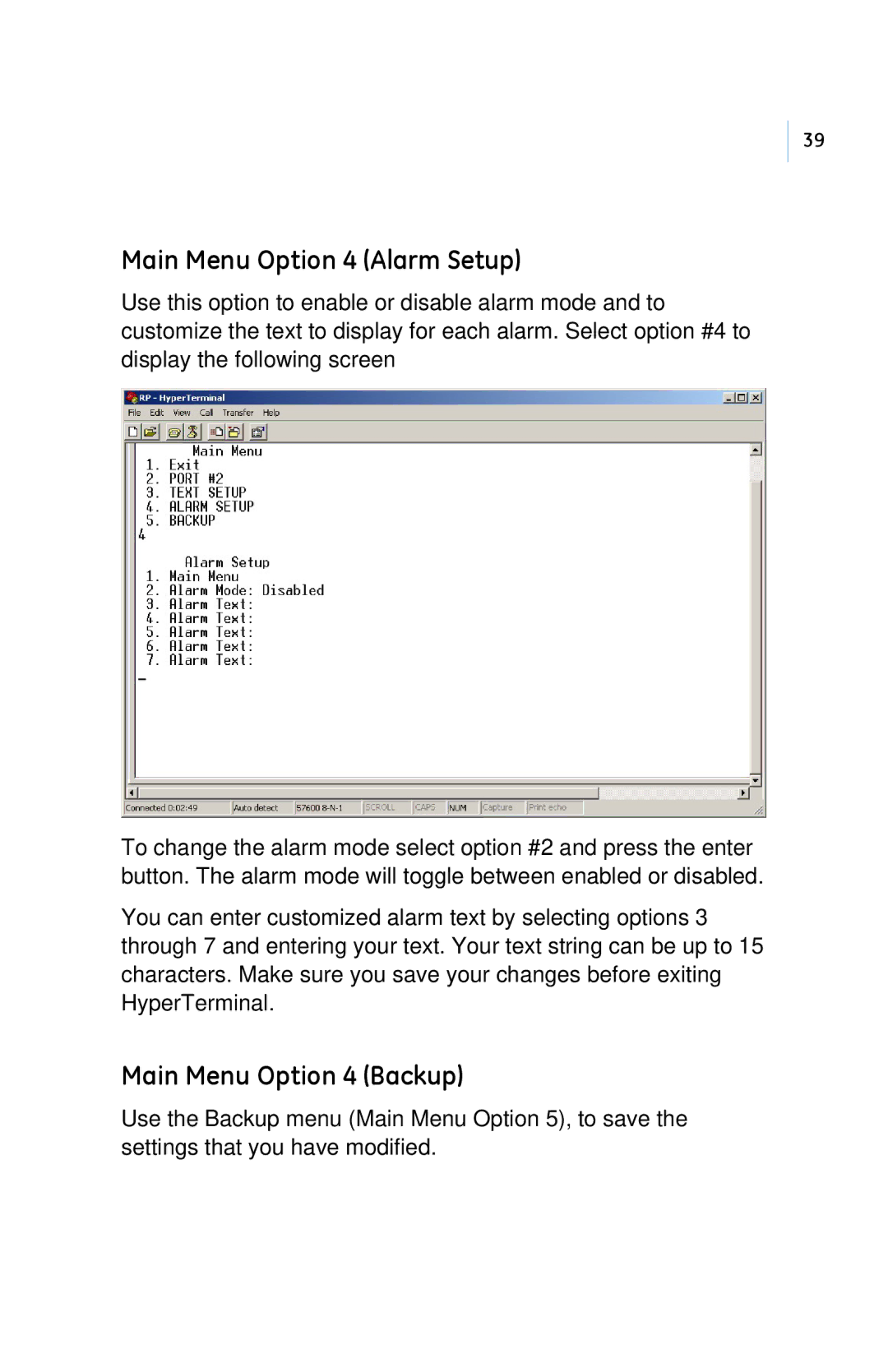 GE PB3-POS-RP user manual Main Menu Option 4 Alarm Setup, Main Menu Option 4 Backup 