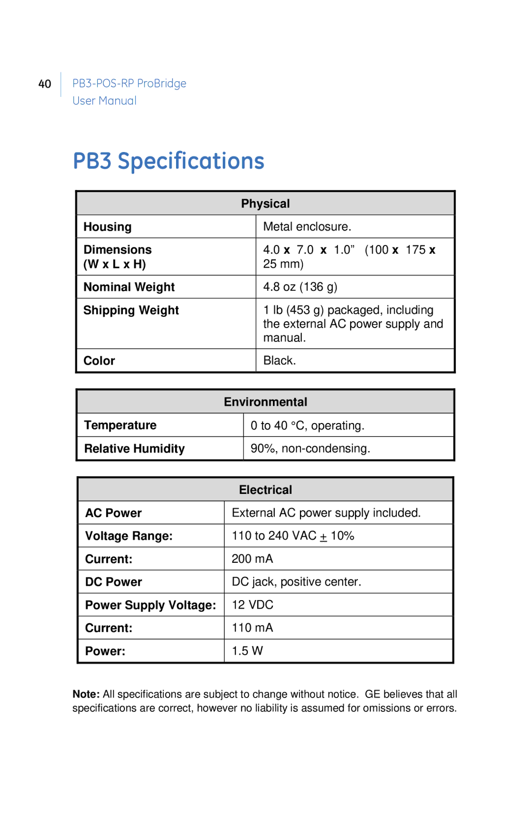 GE PB3-POS-RP user manual PB3 Specifications 