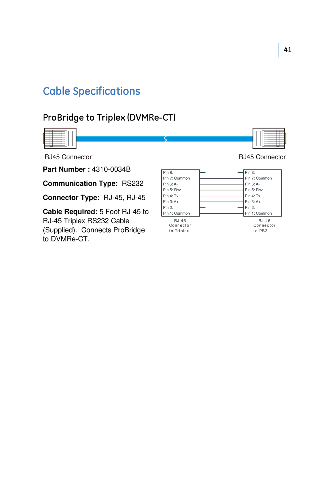 GE PB3-POS-RP user manual Cable Specifications, ProBridge to Triplex DVMRe-CT 