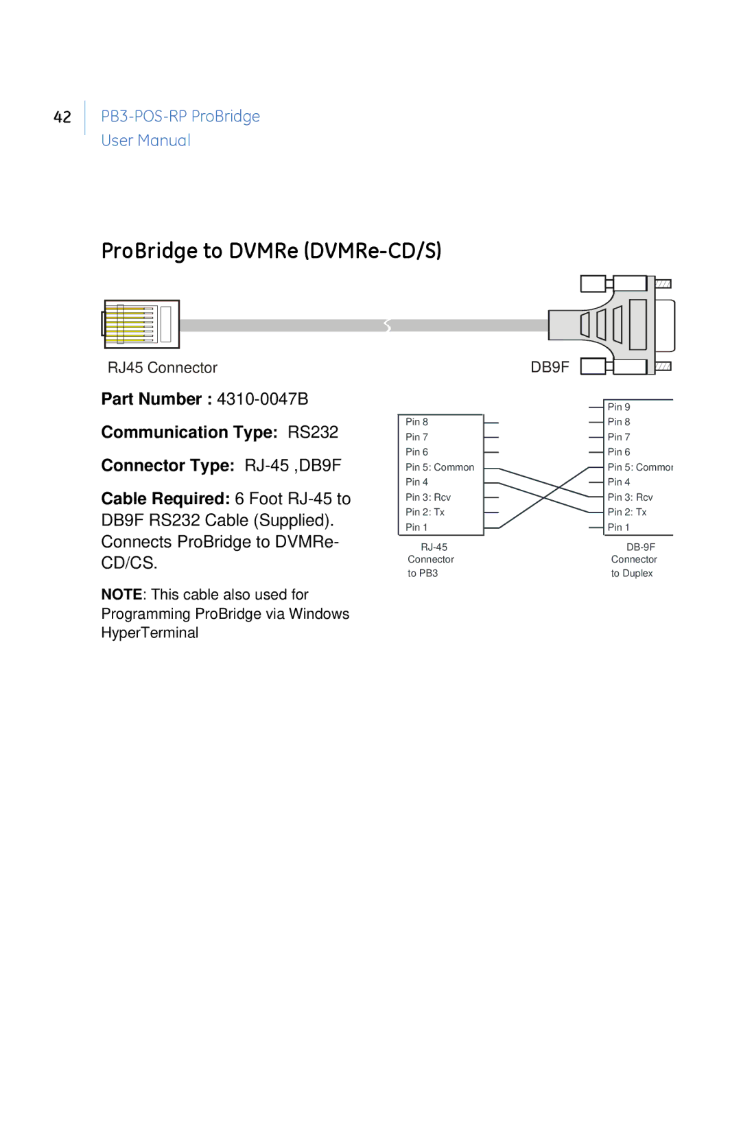 GE PB3-POS-RP user manual ProBridge to DVMRe DVMRe-CD/S, DB9F 