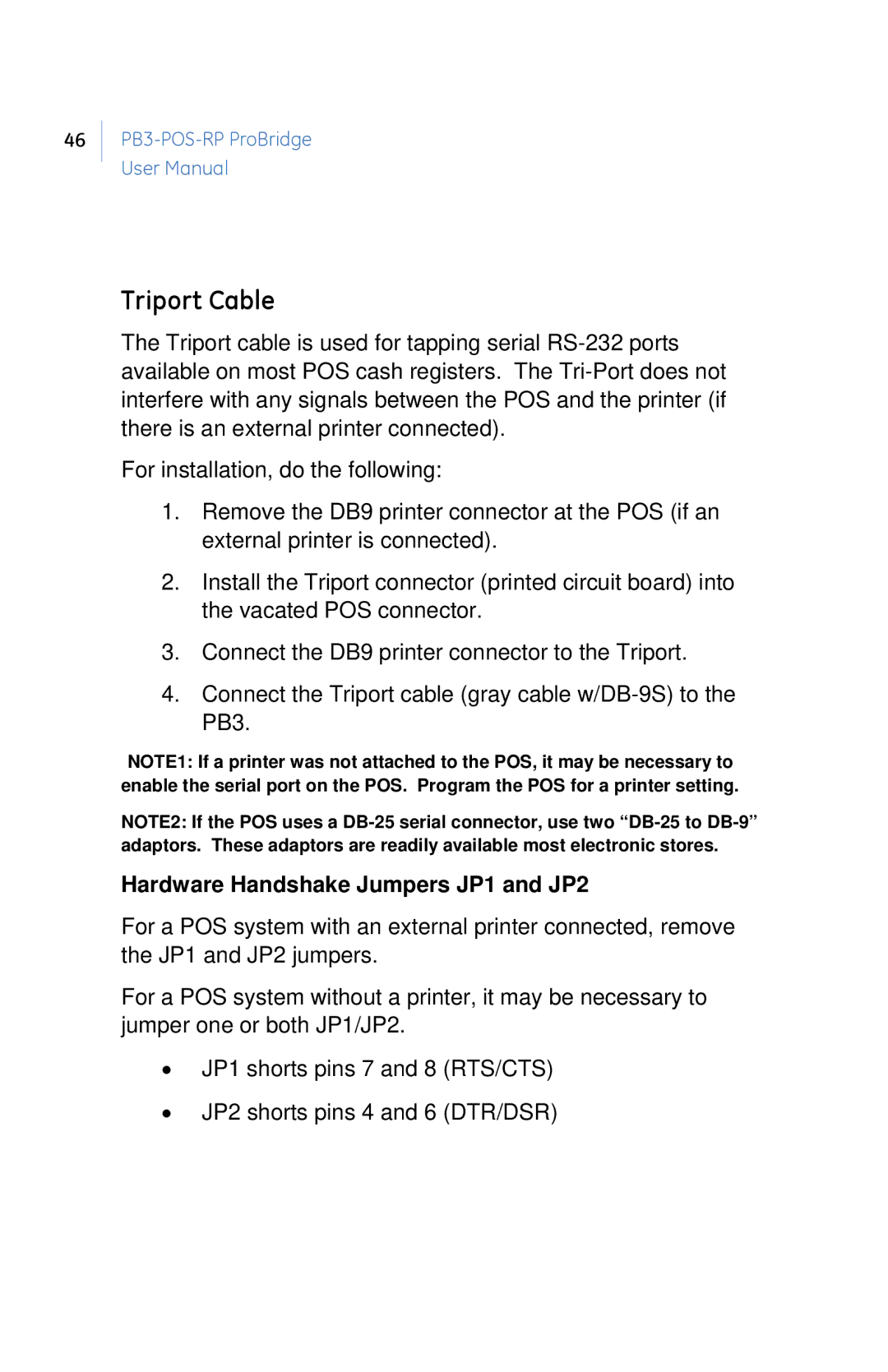 GE PB3-POS-RP user manual Triport Cable, Hardware Handshake Jumpers JP1 and JP2 