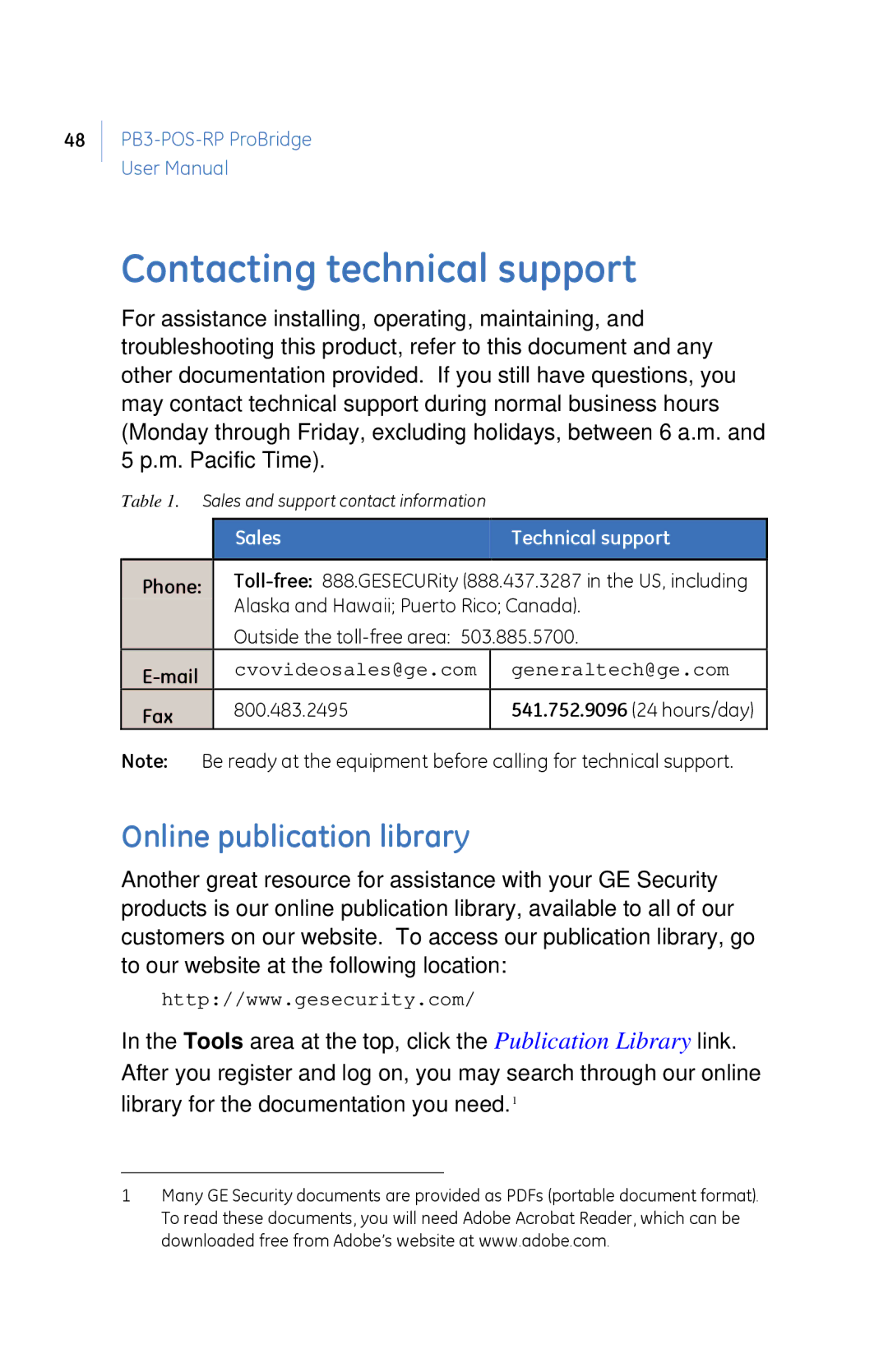 GE PB3-POS-RP user manual Contacting technical support, Online publication library 