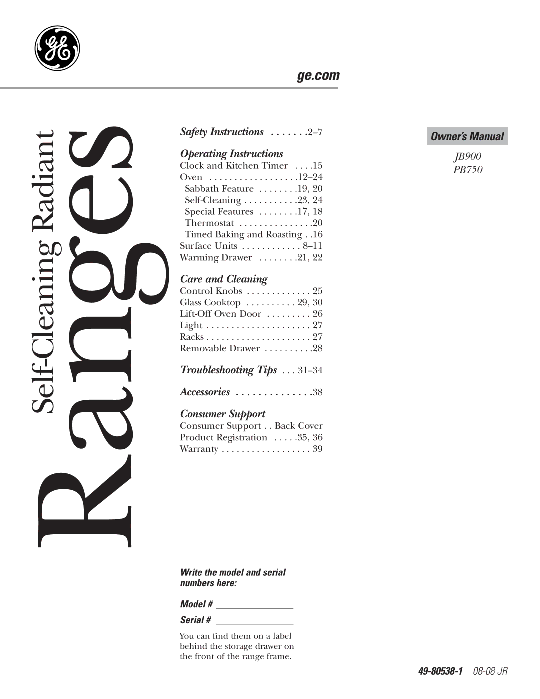 GE PB750 owner manual 49-80538-1 08-08 JR, Write the model and serial numbers here Model # Serial # 