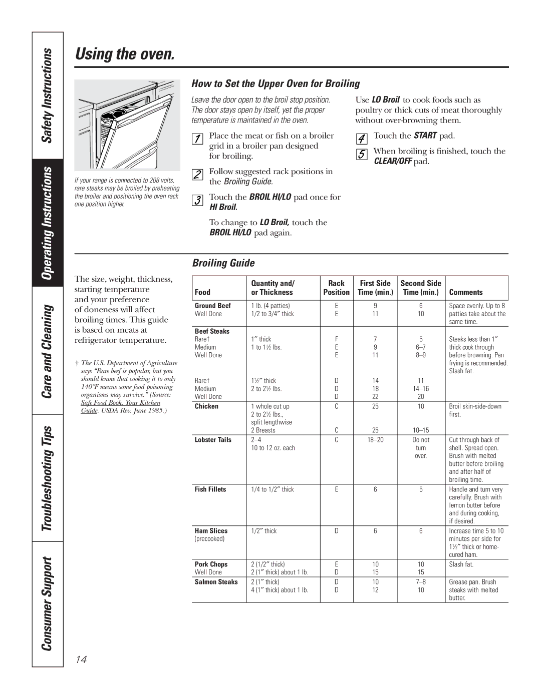 GE PB750 Consumer Support Troubleshooting Tips Care and Cleaning, How to Set the Upper Oven for Broiling, Broiling Guide 