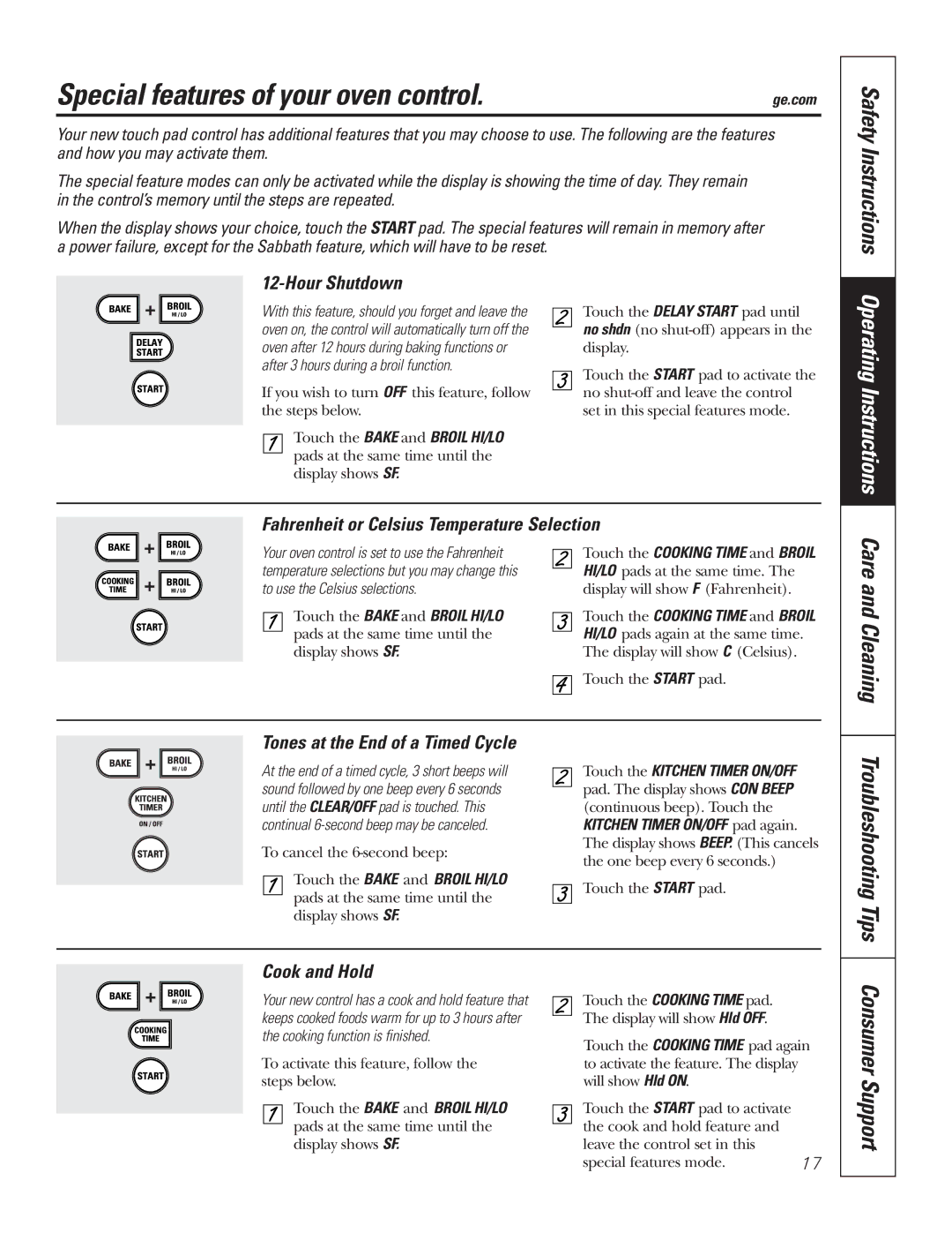 GE PB750 Special features of your oven control, Hour Shutdown, Fahrenheit or Celsius Temperature Selection, Cook and Hold 