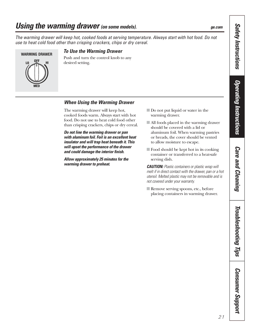 GE PB750 owner manual Using the warming drawer on some models, To Use the Warming Drawer, When Using the Warming Drawer 