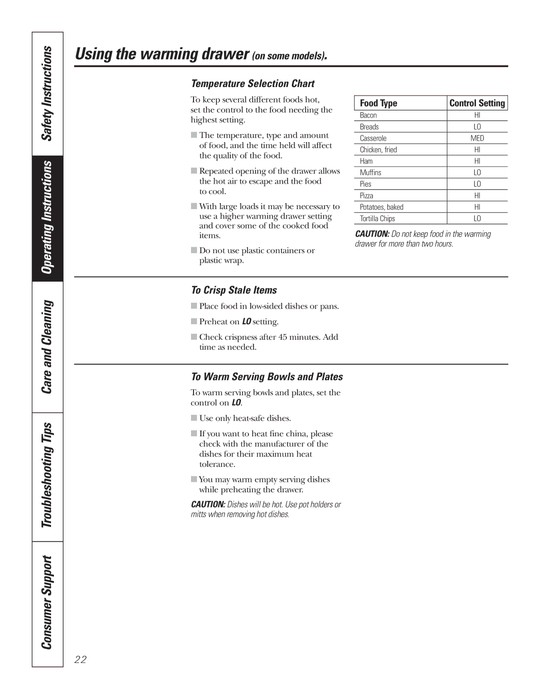 GE PB750 owner manual Operating Instructions Safety, Temperature Selection Chart, To Crisp Stale Items 