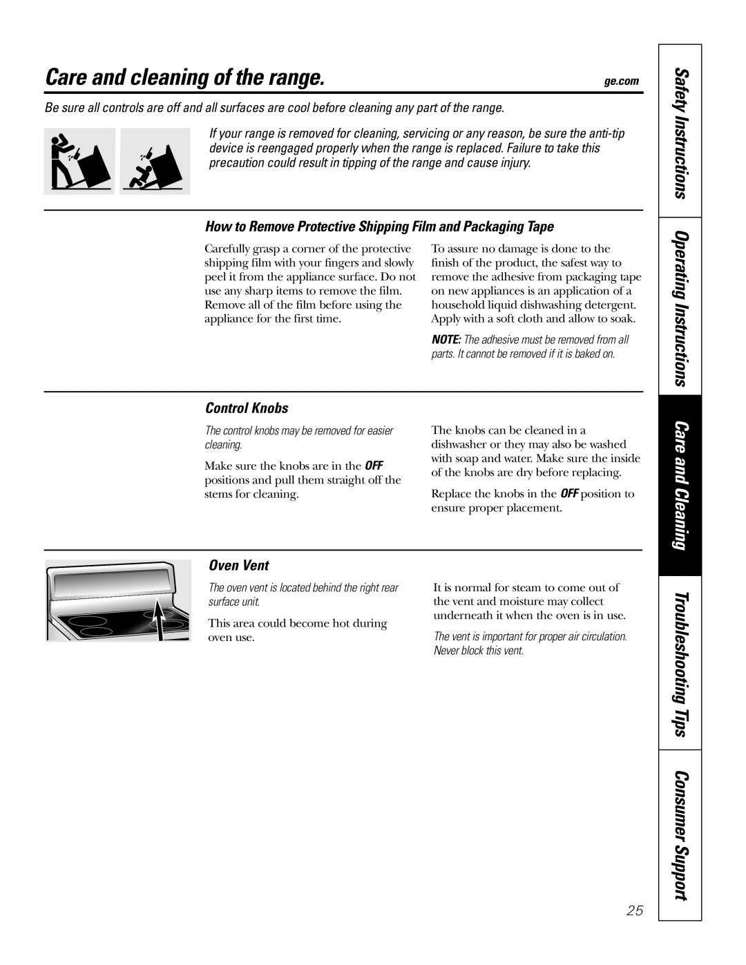 GE PB750 owner manual Care and cleaning of the range, How to Remove Protective Shipping Film and Packaging Tape, Oven Vent 