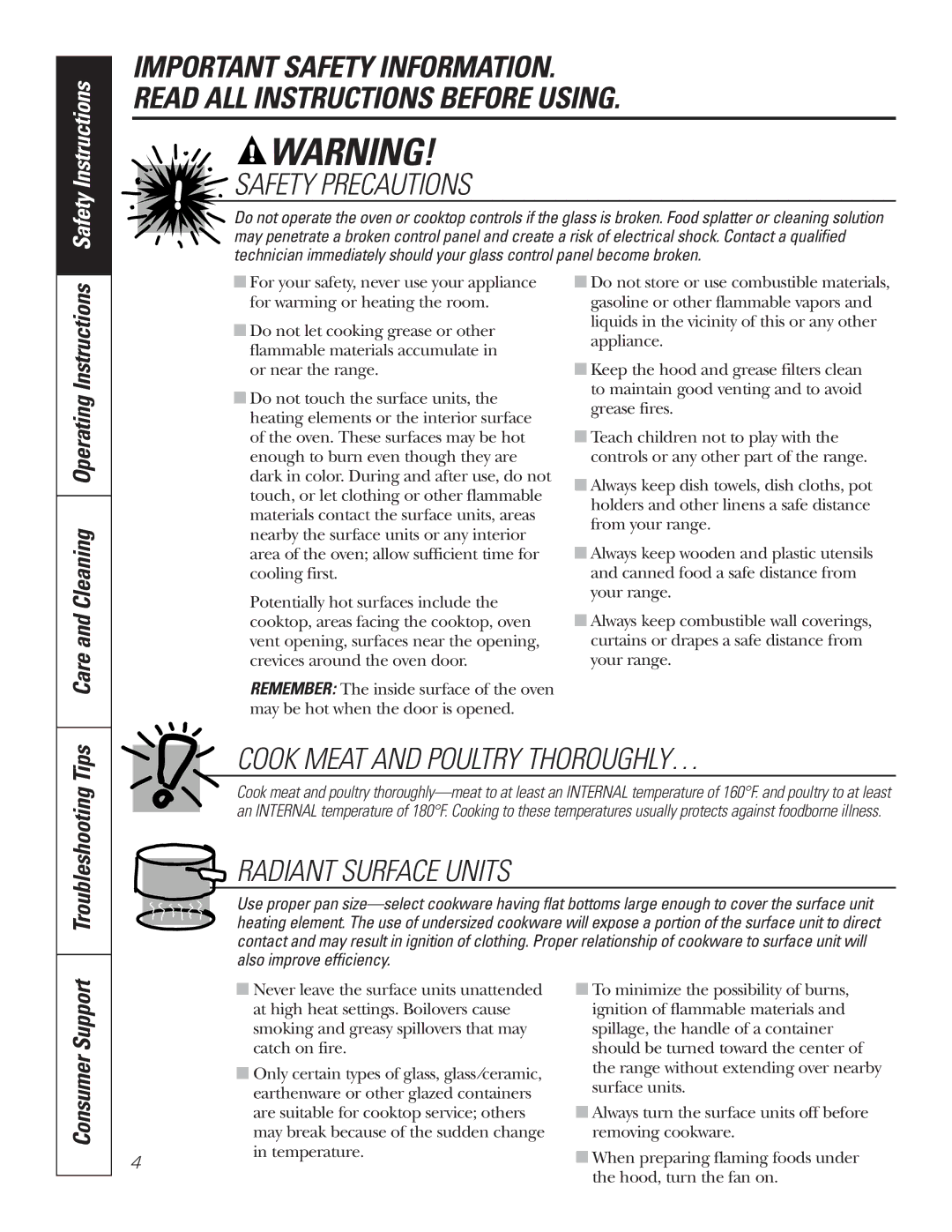 GE PB750 owner manual Safety Instructions, Care and Cleaning Operating Instructions 