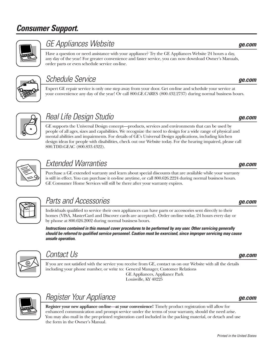 GE PB750 Consumer Support GE Appliances Website, Schedule Service, Real Life Design Studio, Extended Warranties 