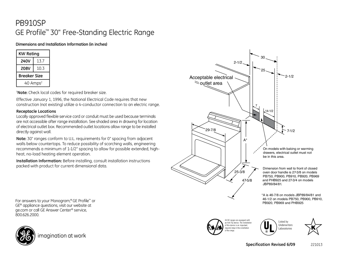 GE PB910SPSS dimensions GE Profile 30 Free-Standing Electric Range, Acceptable electrical Outlet area, Amps† 