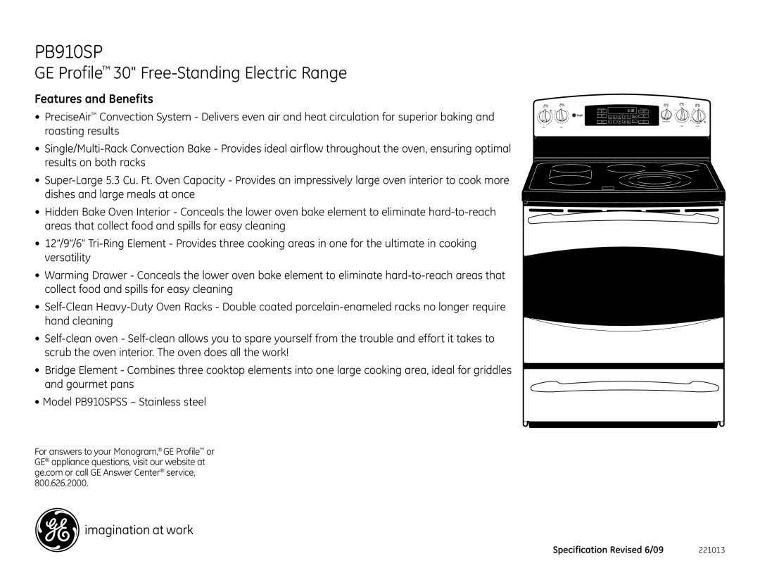 GE PB910SPSS dimensions Features and Benefits 