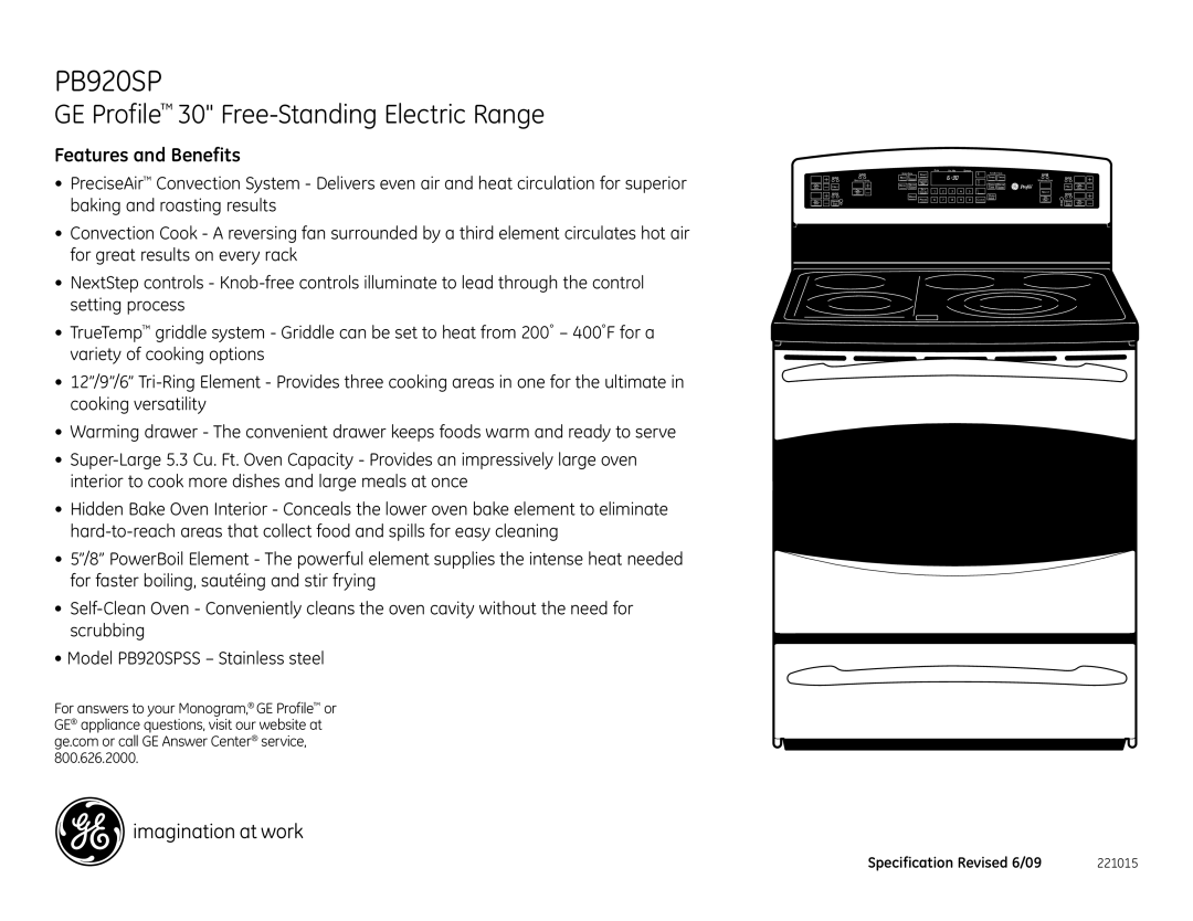 GE PB920SPSS dimensions Features and Benefits 