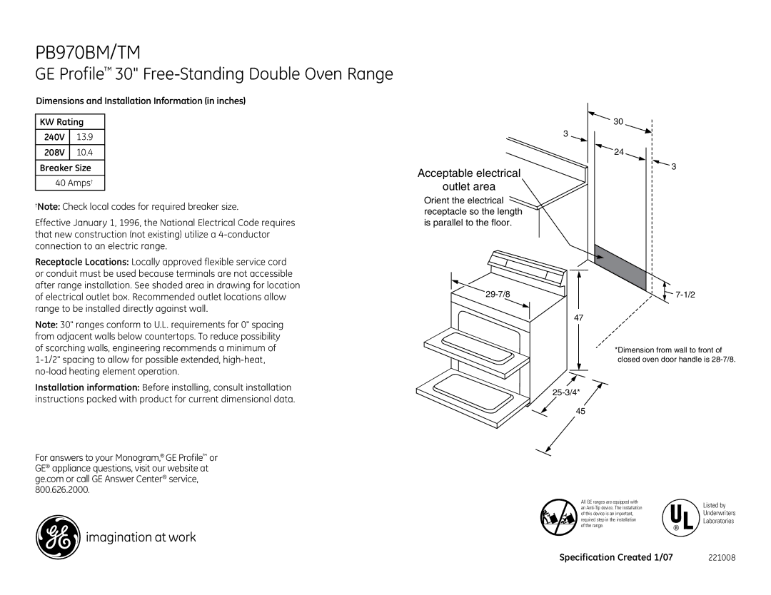 GE PB970BM/TM installation instructions GE Profile 30 Free-Standing Double Oven Range, Acceptable electrical Outlet area 