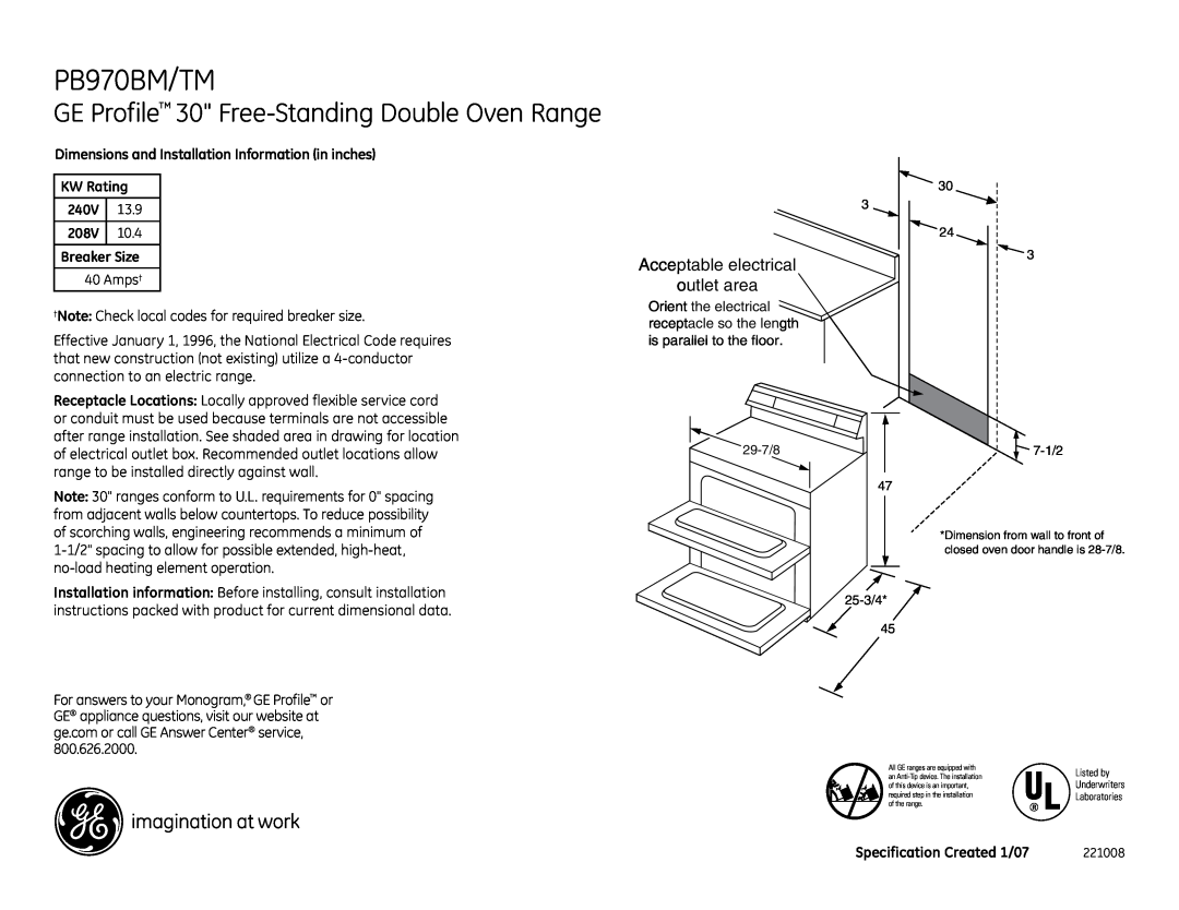 GE PB970BM/TM installation instructions GE Profile 30 Free-StandingDouble Oven Range, Acceptable electrical outlet area 