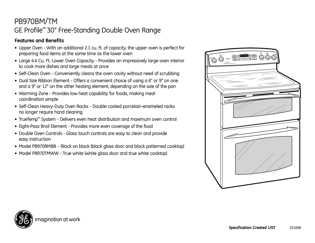 GE PB970BM/TM installation instructions GE Profile 30 Free-StandingDouble Oven Range, Features and Benefits 