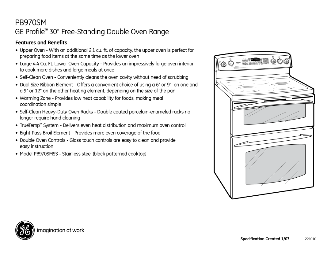 GE PB970SMSS installation instructions GE Profile 30 Free-Standing Double Oven Range, Features and Benefits 
