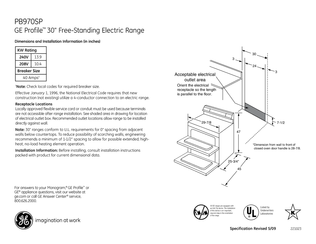 GE PB970SPSS dimensions 