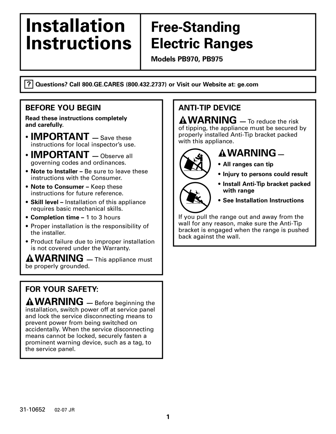 GE PB970 warranty Before YOU Begin, ANTI-TIP Device, For Your Safety, Read these instructions completely and carefully 