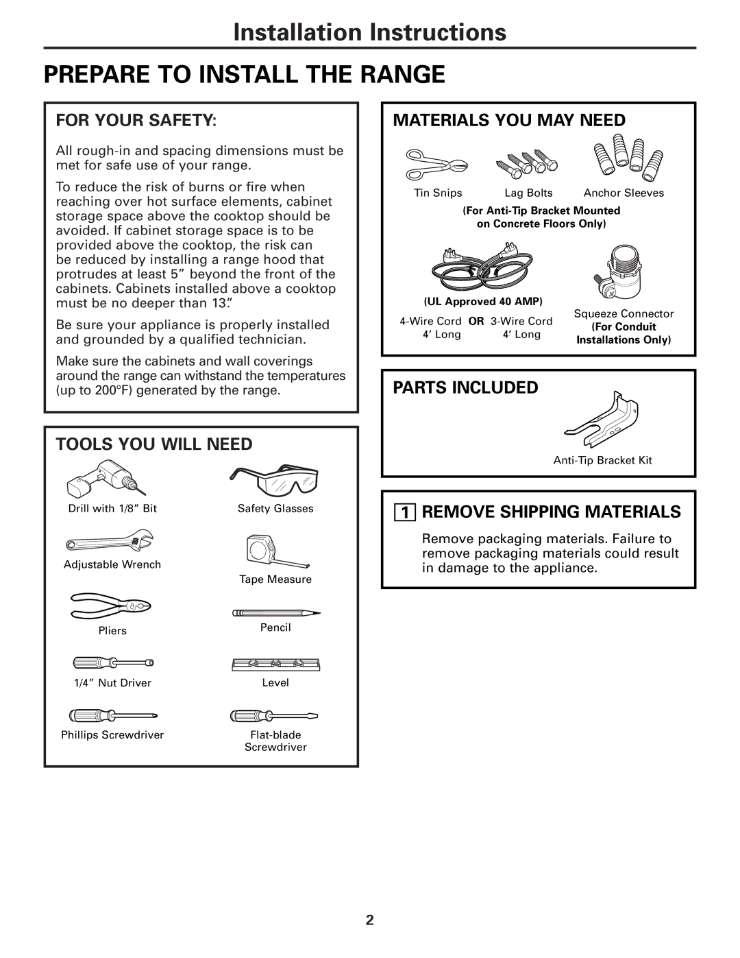 GE PB975, PB970 warranty Prepare to Install the Range, Tools YOU will Need, Materials YOU MAY Need, Parts Included 