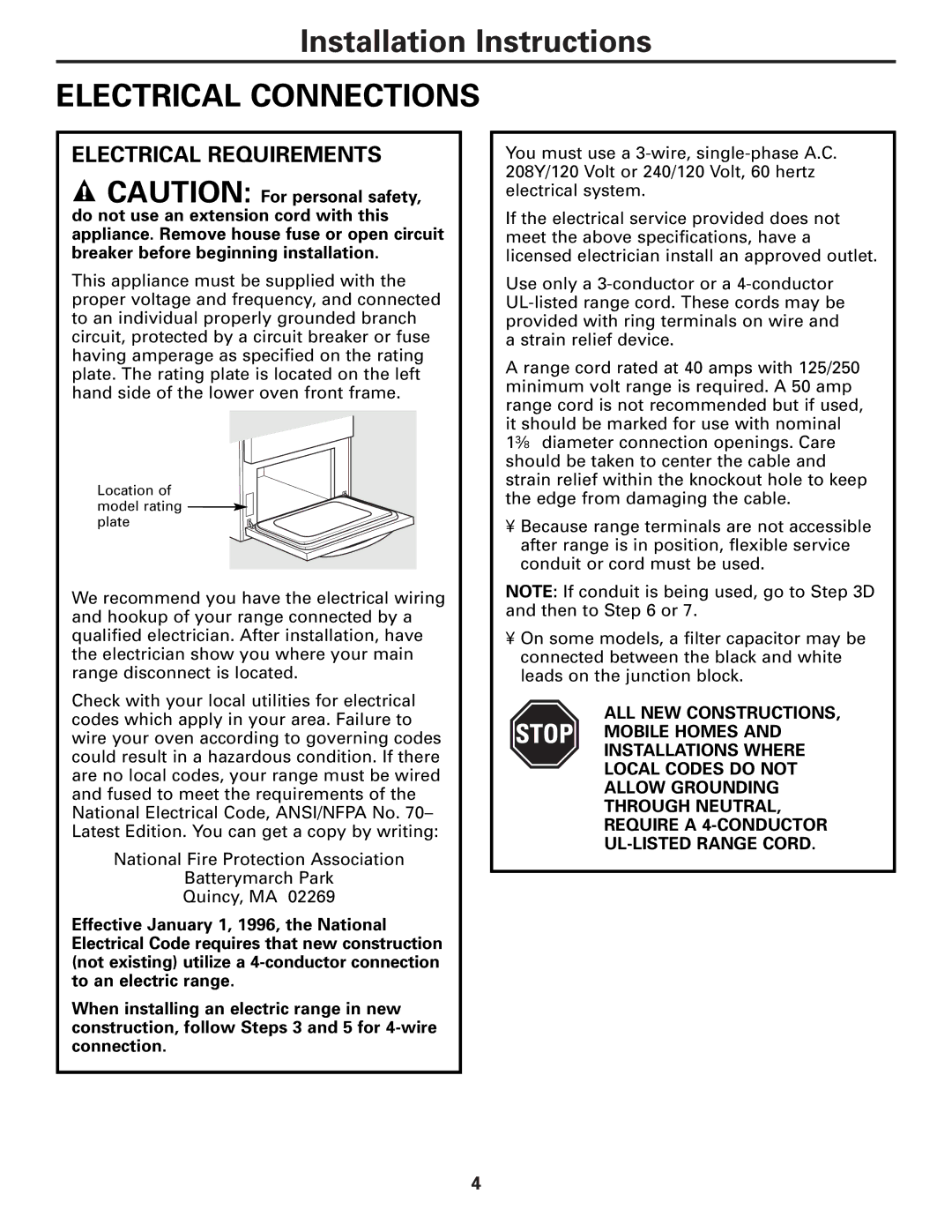 GE PB975, PB970 warranty Electrical Connections, Electrical Requirements 