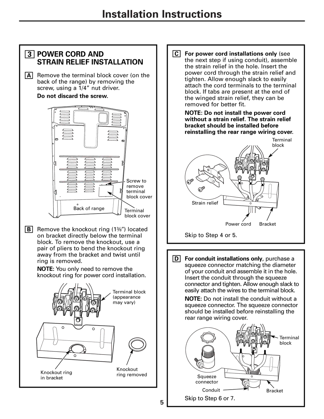 GE PB970, PB975 warranty Power Cord Strain Relief Installation, Do not discard the screw 