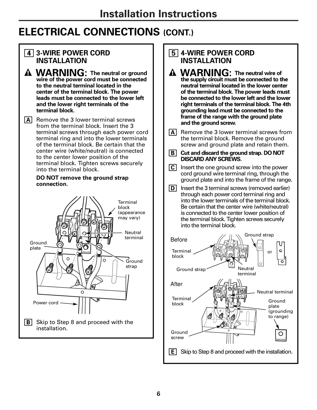 GE PB975, PB970 warranty Electrical Connections, Do not remove the ground strap connection 