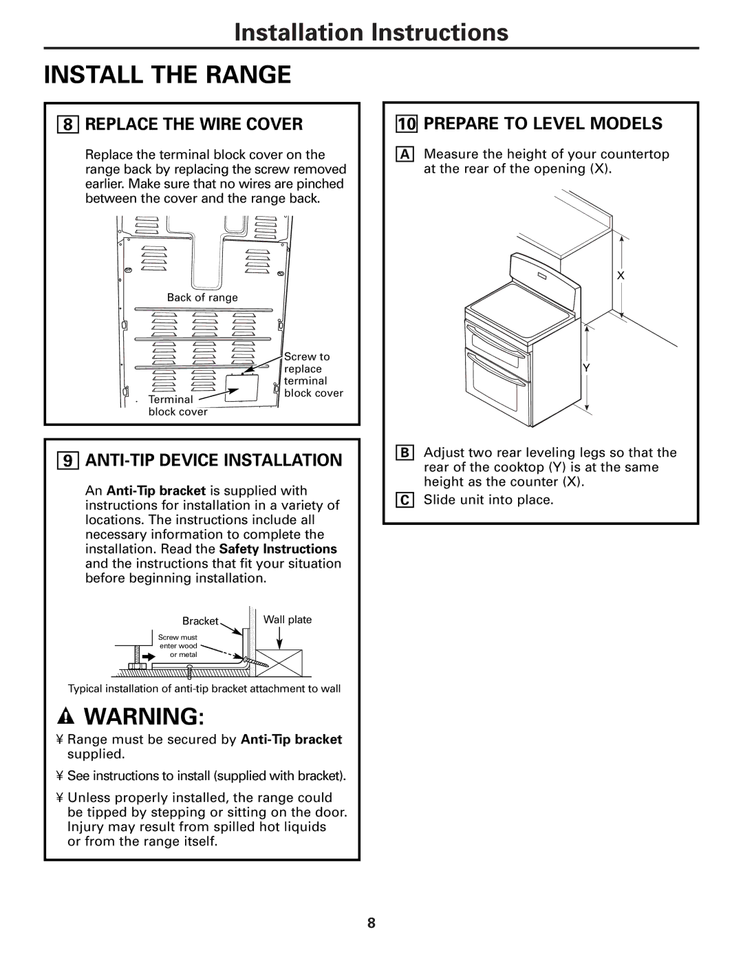 GE PB975, PB970 warranty Install the Range, Replace the Wire Cover, ANTI-TIP Device Installation, Prepare to Level Models 