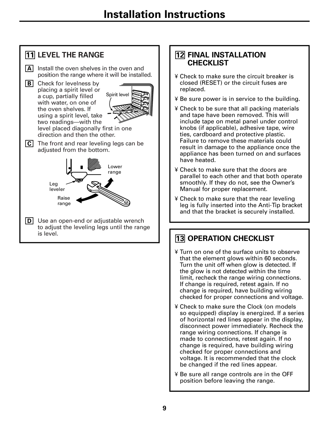 GE PB970, PB975 warranty Level the Range, Operation Checklist 