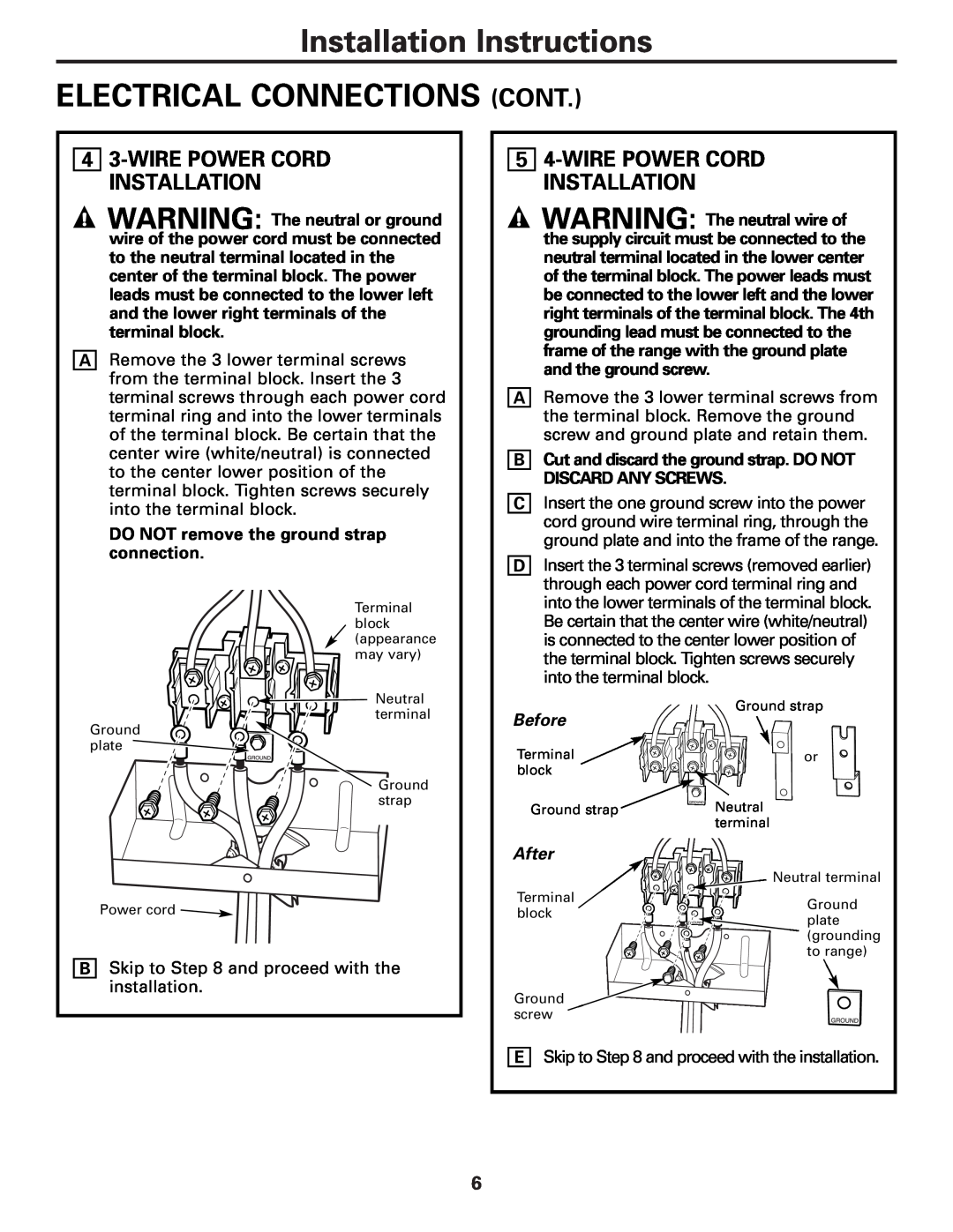 GE PB975, PB970 Installation Instructions ELECTRICAL CONNECTIONS CONT, 4 3-WIRE POWER CORD INSTALLATION, Before, After 