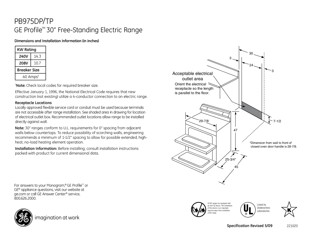 GE PB975DP/TP, PB975DPBB, PB975TPWW dimensions 