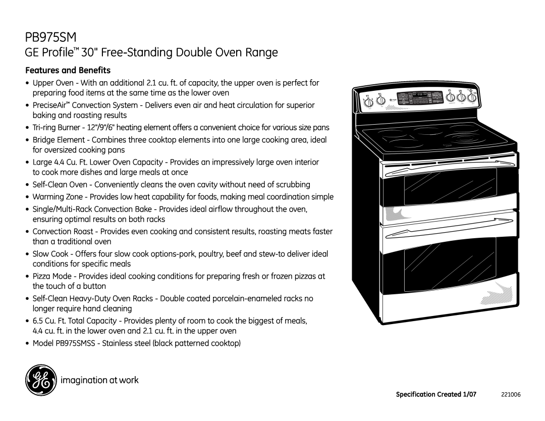 GE PB975SM installation instructions GE Profile 30 Free-StandingDouble Oven Range, Features and Benefits 