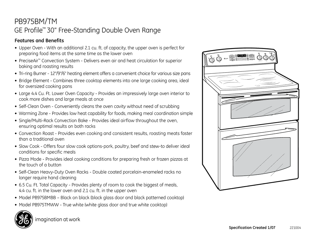 GE PB975TMWW installation instructions GE Profile 30 Free-Standing Double Oven Range, Features and Benefits 