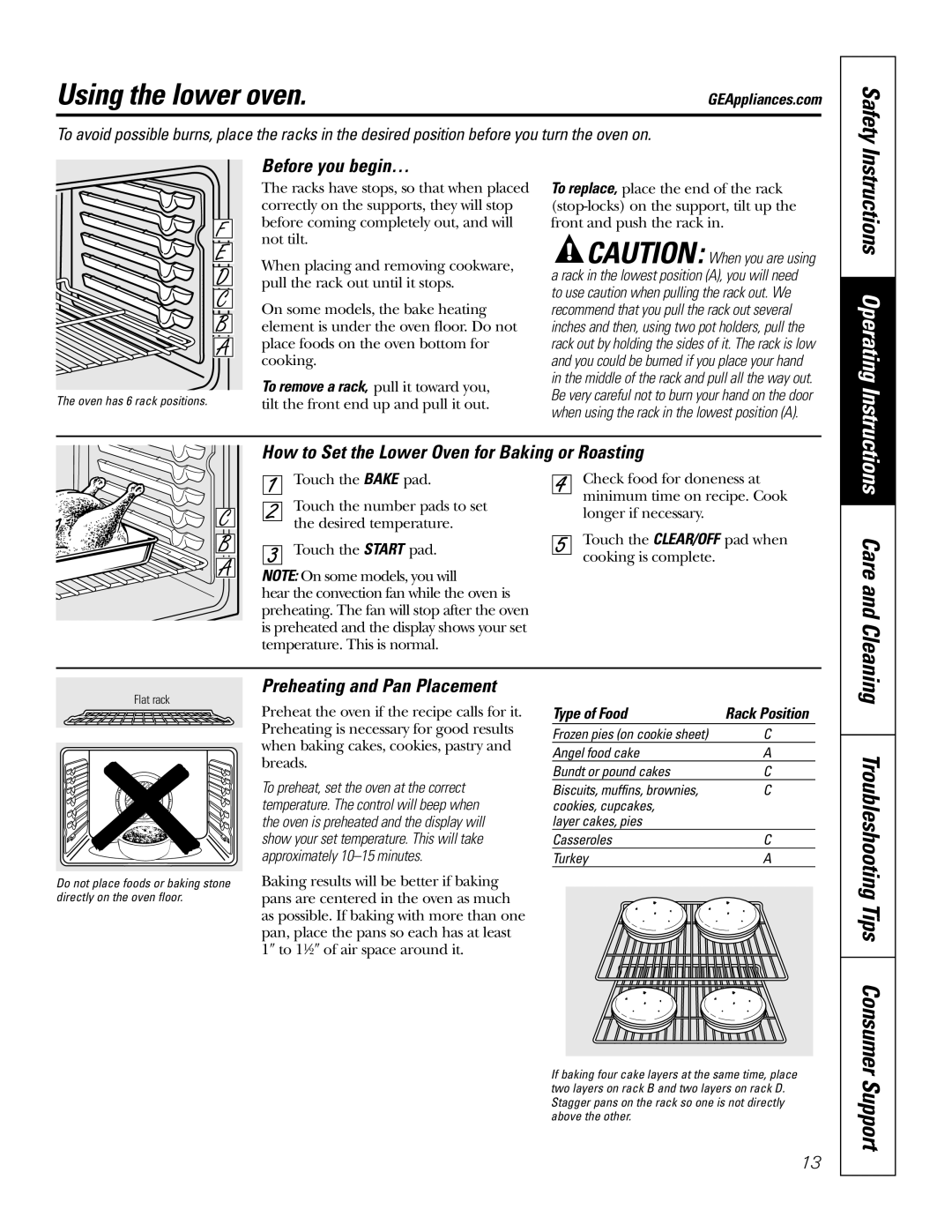 GE PB976 manual Using the lower oven, How to Set the Lower Oven for Baking or Roasting, Care and Cleaning 