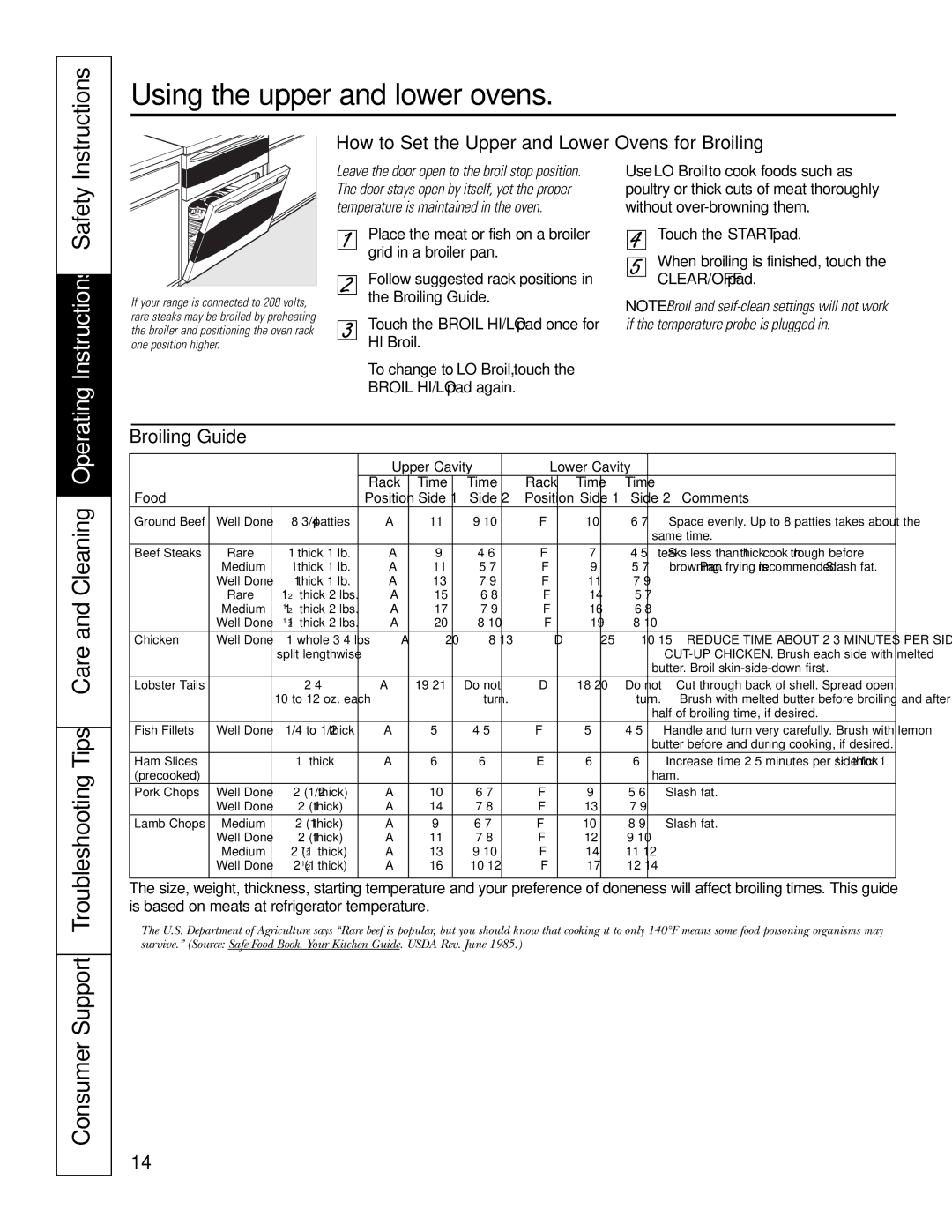 GE PB976 Using the upper and lower ovens, How to Set the Upper and Lower Ovens for Broiling, Broiling Guide, HI Broil 