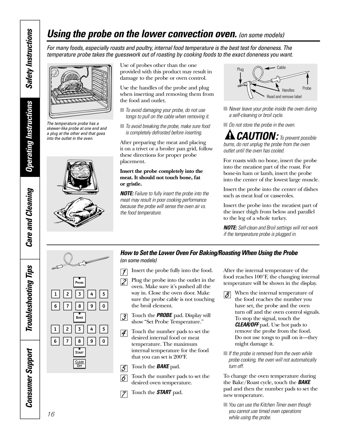 GE PB976 manual Do not store the probe in the oven, On some models 