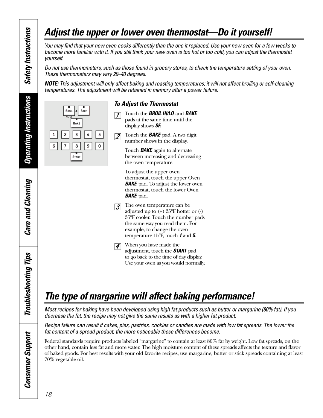 GE PB976 manual Adjust the upper or lower oven thermostat-Do it yourself, Type of margarine will affect baking performance 
