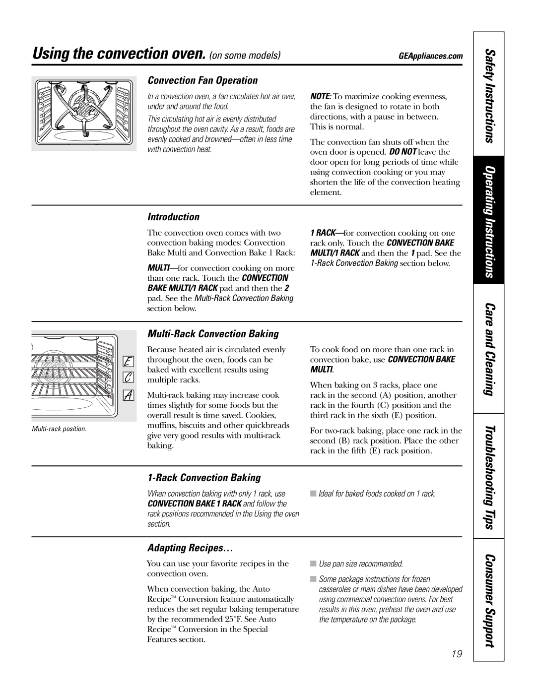 GE PB976 manual Using the convection oven. on some models, Instructions Care, Tips, Instructions Operating 