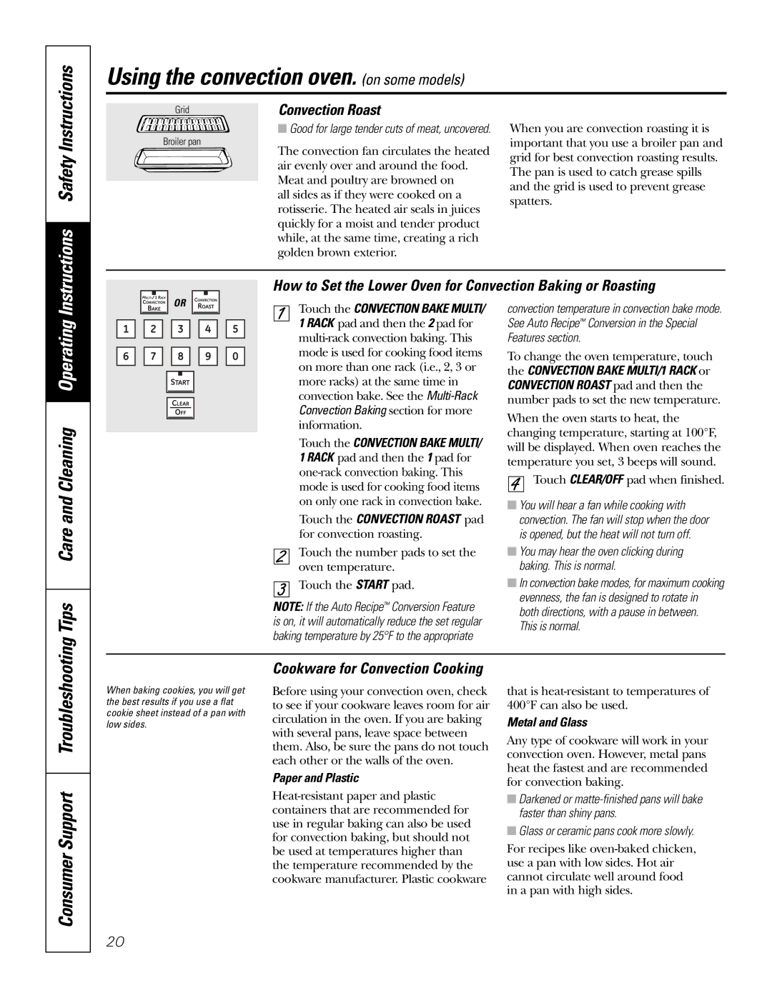 GE PB976 manual Consumer Support Troubleshooting, Convection Roast, Cookware for Convection Cooking, Paper and Plastic 