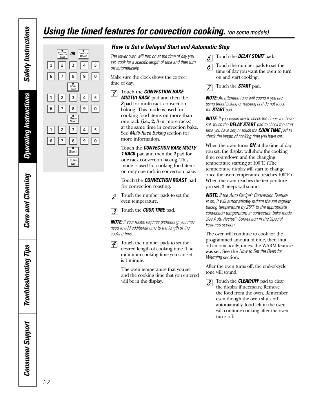 GE PB976 manual Touch the Convection Bake, Touch the Convection Roast pad 