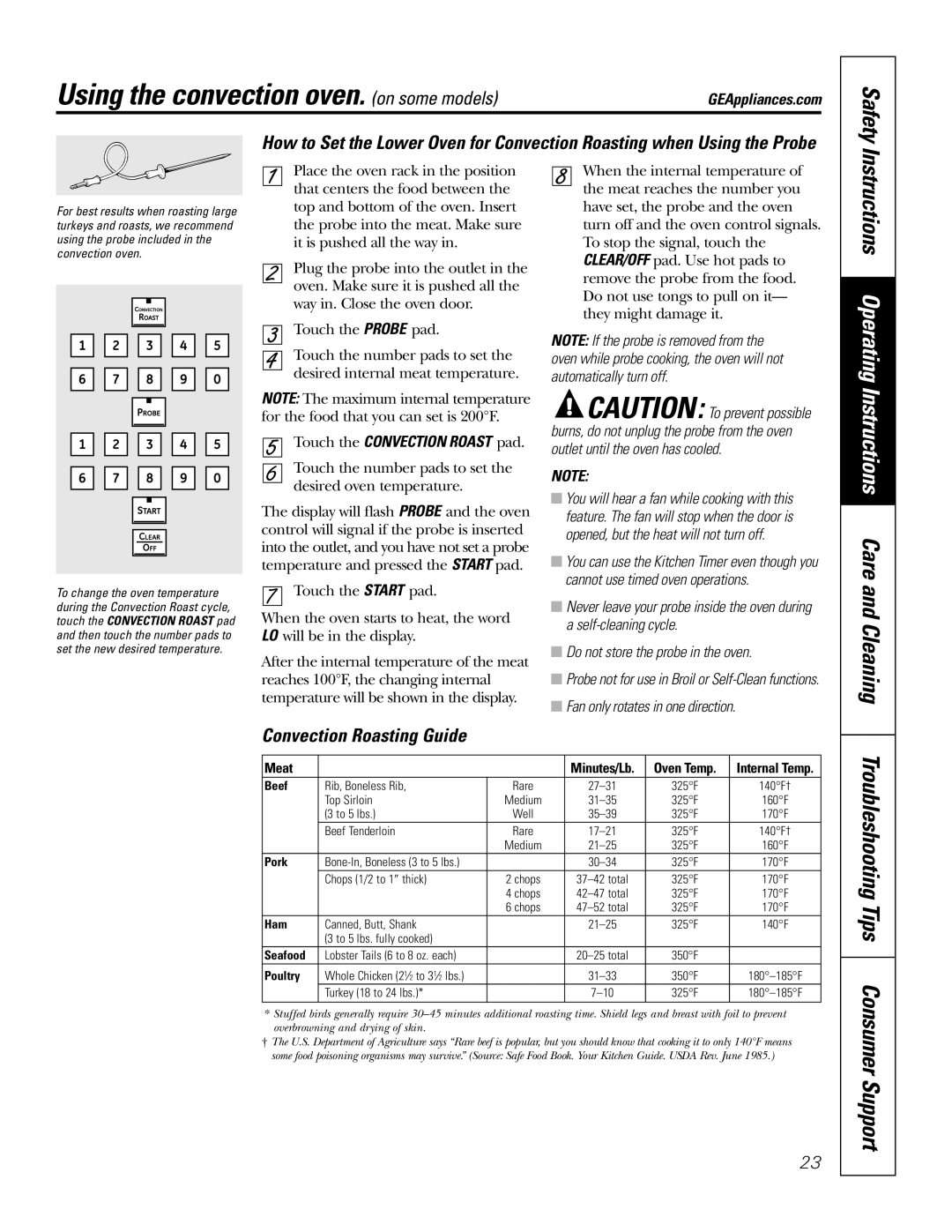 GE PB976 manual Instructions Operating Instructions Care and Cleaning, Convection Roasting Guide 