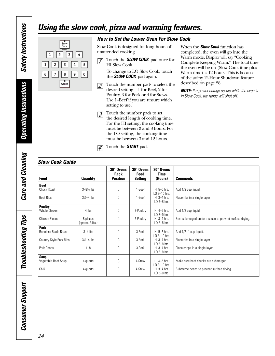 GE PB976 manual Using the slow cook, pizza and warming features, Operating Instructions Safety, Slow Cook Guide 